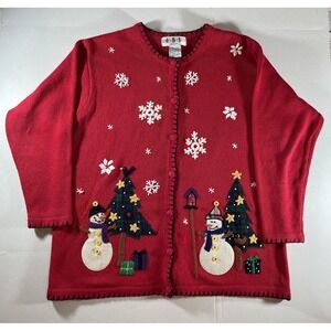 OHI Woman 1XL Red Christmas Sweater Cardigan Vintage Snowman & Snowflake Holiday